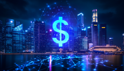 A futuristic digital skyline of Singapore with the Singapore dollar symbol integrated into blockchain networks, showcasing the concept of a stablecoin transcending international borders.