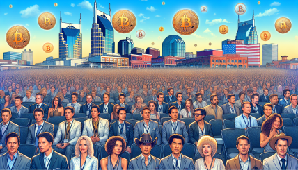 An image of Donald Trump at a high-profile Bitcoin Conference 2024 in Nashville, with notable figures like Tyler and Cameron Winklevoss, Kid Rock, and Jake Paul in attendance. The backdrop should include Bitcoin logos and a large audience, highlighting the excitement and financial support for the event.