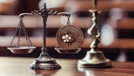 A dramatic courtroom scene depicting a digital scale balancing Ripple's XRP coin on one side and traditional legal symbols on the other, representing the clash between cryptocurrency and regulatory law.