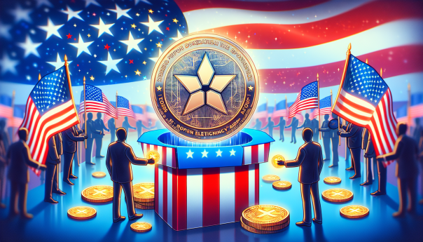 A dynamic and visually appealing image of a significant cryptocurrency donation, featuring XRP coins, Donald Trump's campaign imagery, and a blockchain theme.
