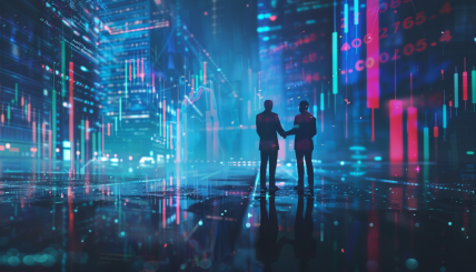 A dynamic image of a business deal between two corporate entities, with visual elements representing cryptocurrency trading and financial markets in the background.