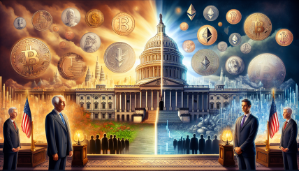 A divided political landscape with US Capitol building in the background, highlighted with cryptocurrency symbols like Bitcoin and Ethereum, and faces of President Biden and Senator Cynthia Lummis, symbolizing the ongoing debate over crypto regulation.