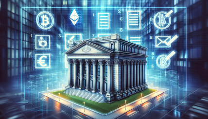 A Federal Reserve building with a backdrop of digital cryptocurrency icons and a compliance checklist to represent the regulatory scrutiny on crypto-friendly banks.