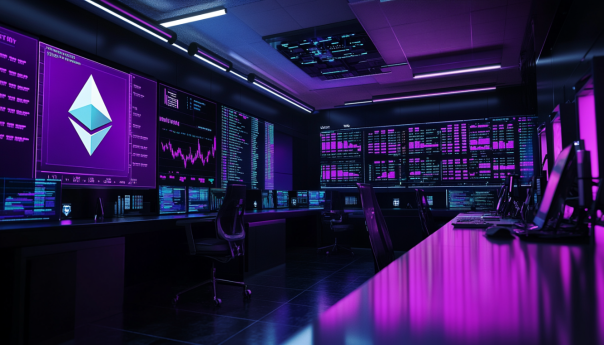 A modern trading floor with vibrant digital screens showing Ethereum (ETH) price movements, Monochrome Asset Management's logo, and the ticker IETH prominently displayed. The scene should evoke a sense of excitement and technological advancement in the financial markets.