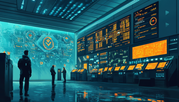 A striking digital illustration showing a crypto exchange under cyber-attack. Include elements of blockchain security, multiple cryptocurrencies like Ethereum and Binance Coin, and a visual representation of hackers. The background can feature a high-tech control room with alerts and a sense of urgency.