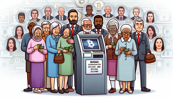 A group of elderly individuals using a Bitcoin ATM with a warning screen about scams, set against a backdrop of concerned lawmakers and digital cryptocurrency symbols.