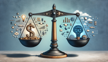 A dynamic illustration showing a scale with the total market cap of U.S. companies on one side and the U.S. GDP on the other, tipping towards the market cap side, surrounded by icons representing tech giants and AI to depict the themes of market valuation and technology impact.