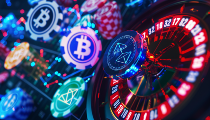 An electrifying scene of Bitcoin and Ethereum symbols soaring high with a futuristic casino backdrop, highlighting Rollblock ($RBLK) as a rising star in the Play-to-Earn GambleFi space. Include digital graphs and charts showing upward trends.
