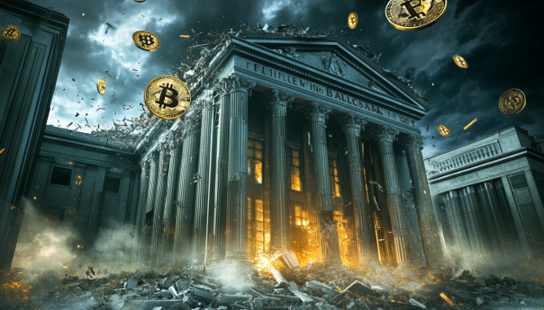 An image depicting the collapse of Silvergate Bank, with elements representing the Federal Reserve, regulatory agencies like FDIC and OCC, and crypto symbols, showing a coordinated attack on the bank.