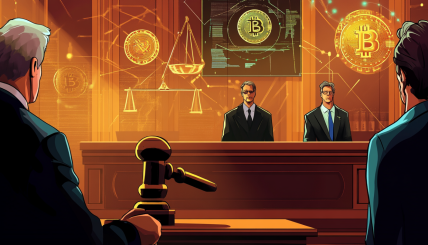 A courtroom scene with a gavel, Bitcoin symbols, and a digital balance scale representing justice and cryptocurrency. Include figures of Peter Schiff and Michael Saylor in the background, with Bitcoin graphs and digital assets subtly integrated.