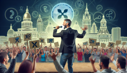 A dynamic and intense political rally with John Deaton speaking passionately to a crowd of supporters holding XRP and crypto-related signs, with a backdrop featuring both Massachusetts landmarks and digital currency symbols.