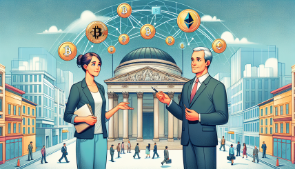 Illustration of Cathie Wood and Donald Trump with cryptocurrency symbols like Bitcoin and Ethereum, and the U.S. Capitol in the background, symbolizing the intersection of politics and crypto.