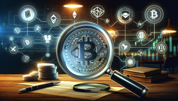 A dramatic scene featuring the Coinbase logo under a magnifying glass, symbolizing scrutiny. Background elements include Bitcoin symbols, DeFi icons, and a wrapped BTC token. Include subtle references to auditing and blockchain transparency.