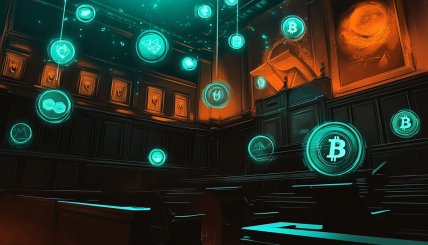 A courtroom scene with digital assets and blockchain symbols, representing the legal battle and regulatory clarification around crypto assets.