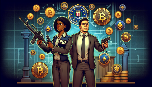 An illustration of FBI agents unveiling a fake crypto token operation, with digital symbols of cryptocurrency, blockchain elements, and a courtroom scene in the background, capturing the essence of a high-stakes sting operation against crypto fraud.