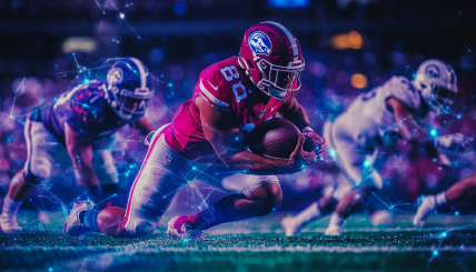 A dynamic and colorful scene from NFL Rivals game showing players on the field, with an overlay of digital NFT cards and blockchain elements to highlight the integration of Web3 technology.