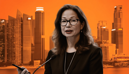 A dynamic image of Fiona Murray speaking at Token2049 with a backdrop of Singapore's skyline and DBS Bank, contrasted with a stagnant and bureaucratic depiction of the US crypto landscape.