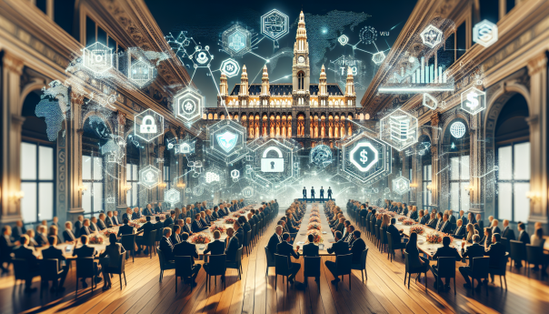 A futuristic conference scene in Vienna with blockchain and financial technology themes, featuring symbols of cybersecurity, fraud prevention, and digital assets.