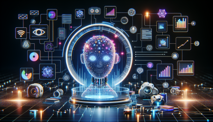 An advanced AI chatbot in a futuristic setting, showcasing its ability to analyze and learn from its own outputs, with visual elements representing data refinement and self-improvement.