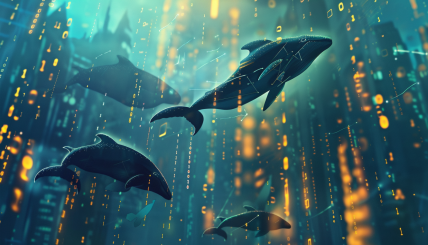 A digital illustration of whale silhouettes swimming through a sea of XRP coin symbols, with a background of blockchain data streams and charts indicating upward trends.