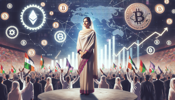 Create an image showing Kamala Harris with elements of cryptocurrency like Bitcoin symbols, blockchain graphics, and a backdrop of a political rally. Include subtle references to market charts to convey the impact on the crypto market.