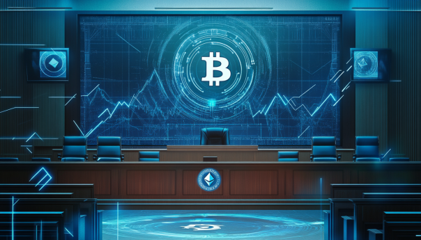 A courtroom setting with digital elements, symbolizing a legal battle over cryptocurrency regulations, featuring Bitnomial and SEC logos, and a stylized XRP coin.