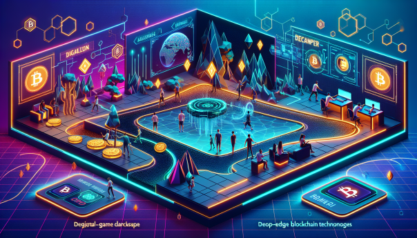 A futuristic gaming landscape with vibrant visuals, depicting gamers interacting seamlessly with blockchain technology. Include elements like digital wallets, competitive gaming scenes, and innovative interfaces in a dynamic environment.