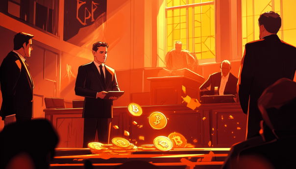 A dramatic courtroom scene with representatives from WazirX and Binance, a shattered cryptocurrency coin, a digital vault being hacked, and anxious users looking at their empty wallets.