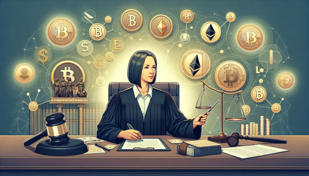 A courtroom scene with a judge making a ruling, with digital assets and cryptocurrency icons subtly integrated into the background, symbolizing the legal battle between Coinbase and the SEC.