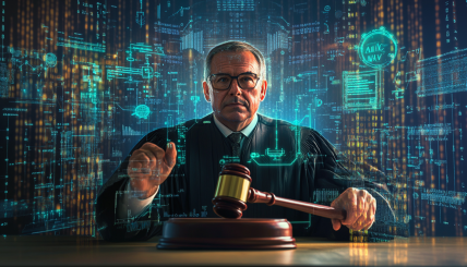 A stern-looking federal judge holds a gavel, while around him are holographic projections of various AI technologies and logos of companies like DoNotPay, Ascend Ecom, and Ecommerce Empire Builders. The background shows a digital landscape with binary code and AI icons, symbolizing the crackdown on AI washing.