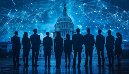 A group of U.S. representatives standing together in front of the Capitol building, with digital graphics symbolizing AI and deepfakes in the background, showcasing the theme of safeguarding intellectual property.