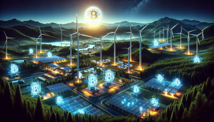 A futuristic energy plant with solar panels and wind turbines, integrated with Bitcoin mining rigs, symbolizing the fusion of renewable energy and cryptocurrency in a sustainable and dynamic environment in Japan.