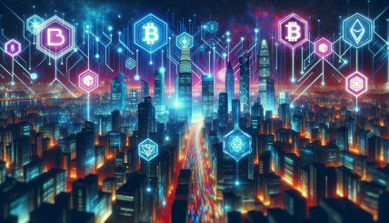 A vibrant and futuristic depiction of Tokyo skyline merging with digital blockchain elements, featuring NFT icons and Ethereum and Polygon logos, symbolizing the launch of Animoca Brands Japan's NFT launchpad.