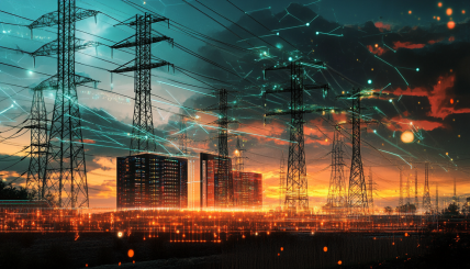 A visually striking image depicting the energy competition between AI data centers and Bitcoin mining farms, showcasing server farms, electrical grids, and contrasting renewable and fossil fuel energy sources.