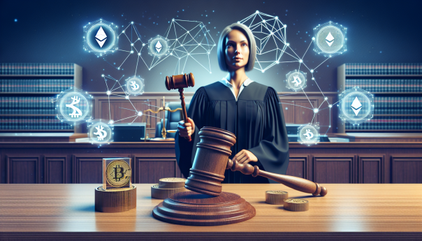 A U.S. district courtroom with a judge dismissing a case, blockchain and Ethereum symbols in the background, and a gavel representing the legal decision.