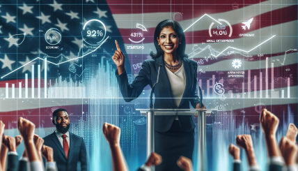 A dynamic scene featuring Vice President Kamala Harris at a rally, with visuals of economic charts, startups, and small businesses in the background. The backdrop should include elements representing tax policies and voter approval ratings.