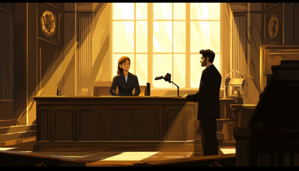 A courtroom scene with Caroline Ellison and Judge Lewis Kaplan, highlighting a serious yet cooperative atmosphere. Include elements that reflect cryptocurrency and legal themes.