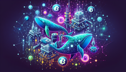 A dynamic illustration showcasing crypto whales, bitcoin mining rigs, regulatory icons, and blockchain networks. Highlight the influence of these elements on the crypto market with a futuristic and vibrant color palette.