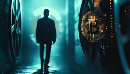 A mysterious figure representing Satoshi Nakamoto enveloped in shadow, a Bitcoin symbol prominently displayed in the foreground, and a film reel symbolizing the documentary aspect. The background should have an air of suspense and intrigue, with digital elements representing the blockchain.