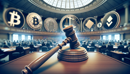 A courtroom scene with cryptocurrency symbols like Solana (SOL) and Binance (BNB) in the background, a judge's gavel prominently displayed, indicating legal proceedings and regulatory shifts.