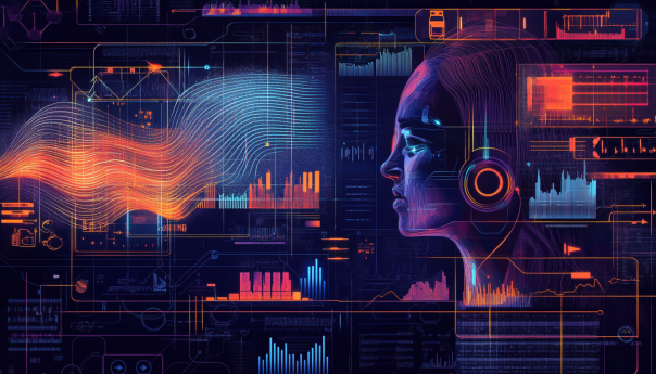 A visual representation of AI-driven voice cloning scams, including elements like a computer generating voice waves, a phone call with a cloned voice, and symbols of financial fraud such as credit cards and bank accounts being compromised.