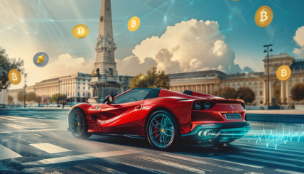 A luxury Ferrari car with digital cryptocurrency icons like Bitcoin, Ethereum, and USDC floating around it, set against a dynamic European cityscape background.