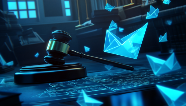 A digital representation of Telegram's logo with a background showing a courtroom, a gavel, and encrypted messages being reviewed, symbolizing the balance between privacy and legal compliance.