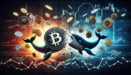 A digital depiction of Ripple's logo clashing with the SEC emblem, surrounded by digital whale icons representing large cryptocurrency transactions, set against a backdrop of fluctuating market graphs.