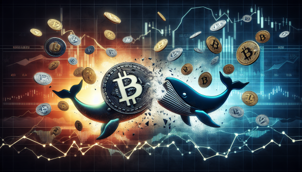 A digital depiction of Ripple's logo clashing with the SEC emblem, surrounded by digital whale icons representing large cryptocurrency transactions, set against a backdrop of fluctuating market graphs.