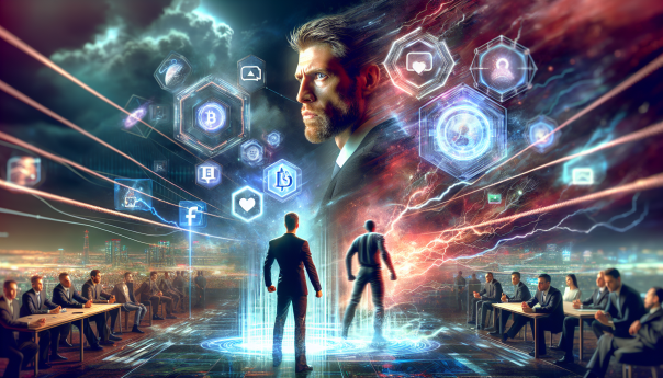 A dynamic image featuring Mark Cuban and Elon Musk in a virtual arena, with digital assets and social media icons surrounding them. Include a subtle nod to Kamala Harris and the cryptocurrency sector to capture the essence of the story.