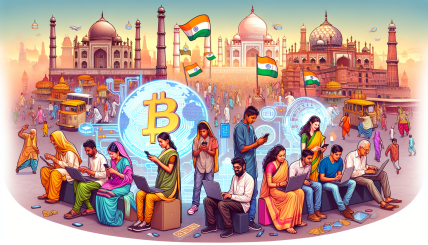 Illustrate India's dominance in cryptocurrency adoption with a vibrant digital artwork showing diverse people and technology, including Bitcoin symbols and blockchain elements, against a backdrop of India's landmarks.