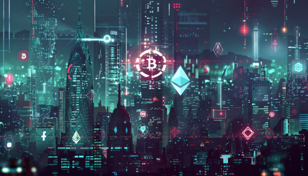 Generate an image of a futuristic financial cityscape where traditional finance institutions coexist with blockchain and decentralized finance elements, highlighting the integration of Bitcoin and Ethereum symbols prominently.
