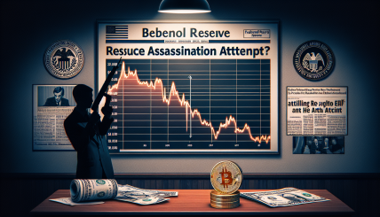 Depict a graph showing a sharp decline in Bitcoin and Ethereum prices with a backdrop of breaking news headlines about Federal Reserve rate cuts and an alleged assassination attempt on Donald Trump.