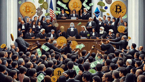 A complex and dynamic depiction of a courtroom scene with digital currency symbols clashing with traditional financial elements, conveying tension and the intersection of technology and regulation.